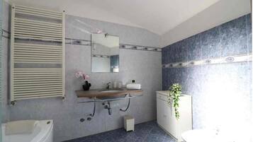 Shower, jetted tub, hair dryer, bidet