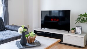 Ein modernes Wohnzimmer mit einem Flachbildfernseher, der "NETFLIX" anzeigt, einem grauen Sofa, einem Couchtisch mit einer Vase und Pflanzen sowie einem schlichten Holzschrank.