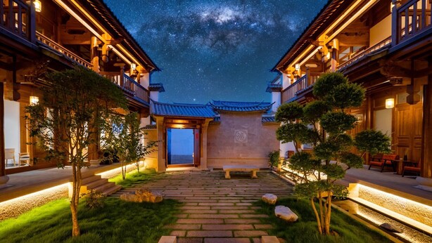 A traditional Japanese-style building with a central entrance, surrounded by well-maintained gardens and a night sky with visible stars.