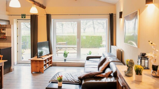 A modern living room with a leather sofa, wooden entertainment unit, and large windows offering a view of the outdoors. - Cozy duplex apartment with terrace (Heers)
