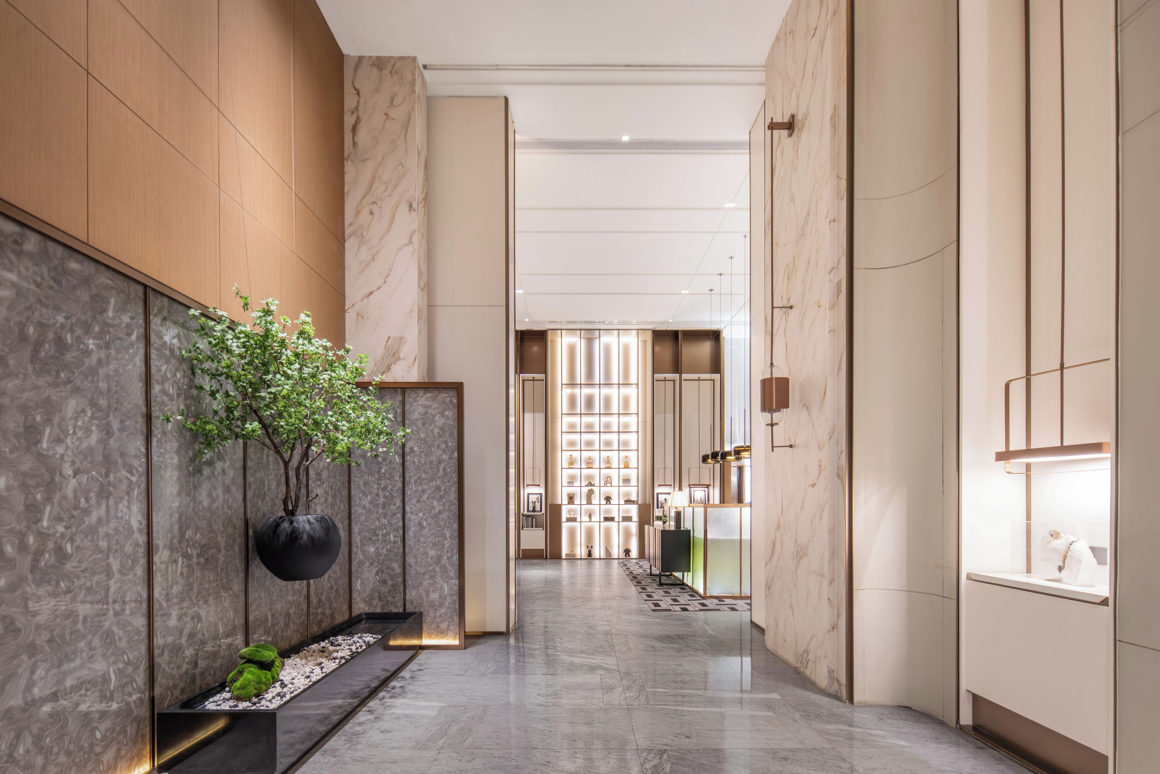 Un couloir d’hôtel moderne avec des murs en marbre, une plante en pot et une présentation d’objets.