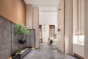 A modern hotel corridor with marble walls, a potted plant, and a display of items.