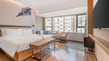 Desk, blackout curtains, soundproofing, iron/ironing board