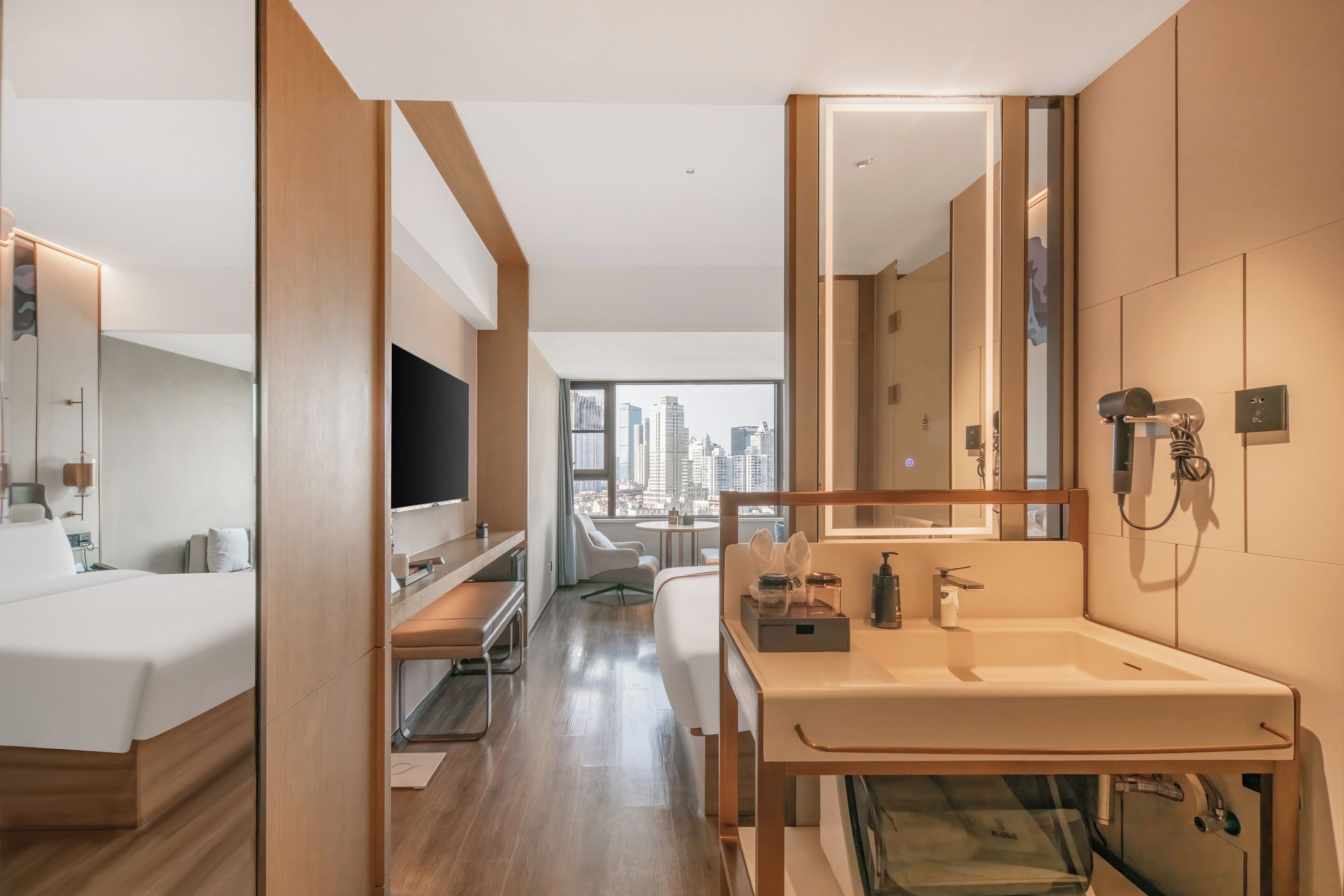 Desk, blackout drapes, soundproofing, iron/ironing board