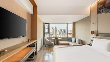 Desk, blackout drapes, soundproofing, iron/ironing board