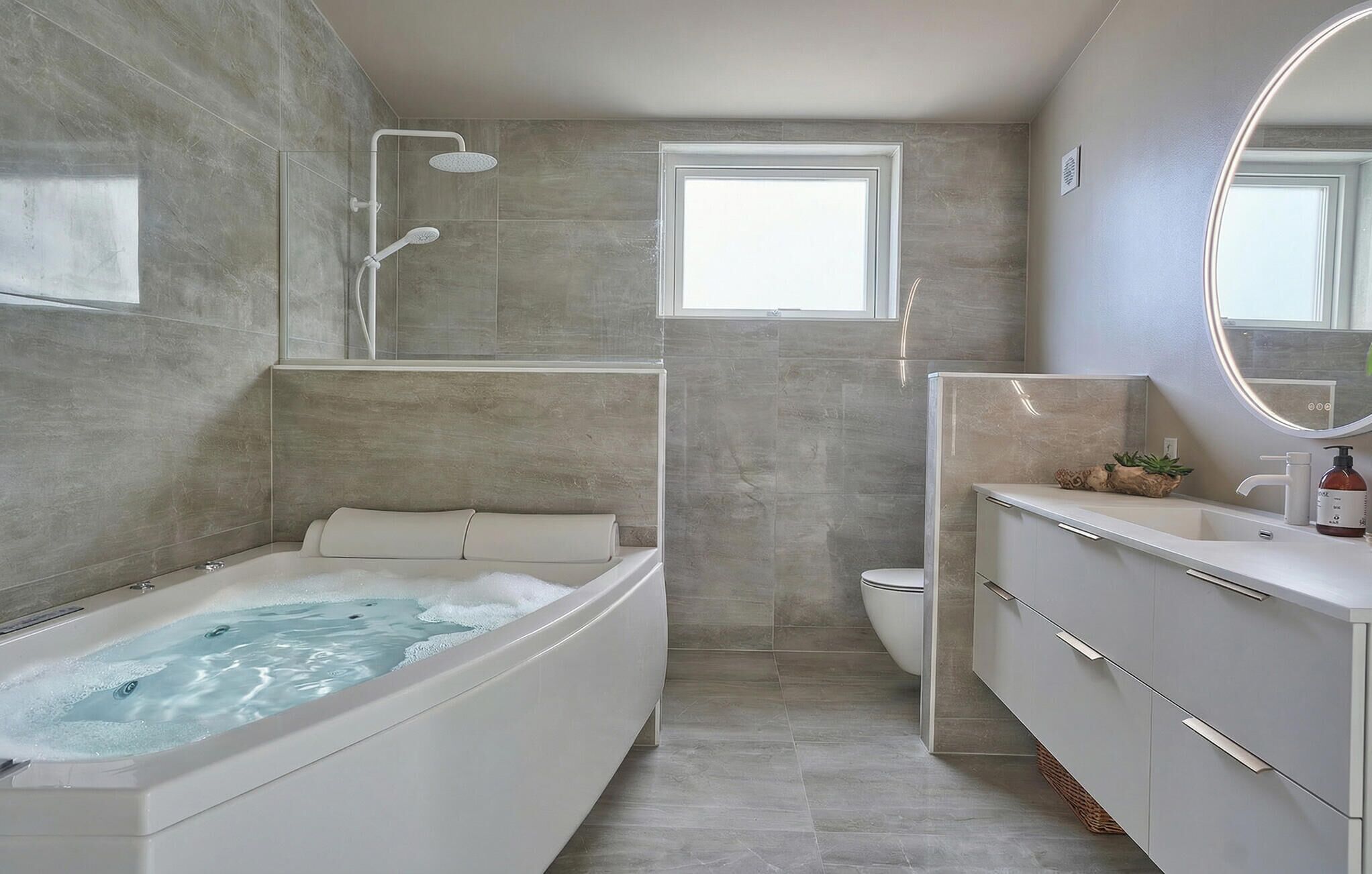 A modern bathroom with a bathtub, shower, and toilet.