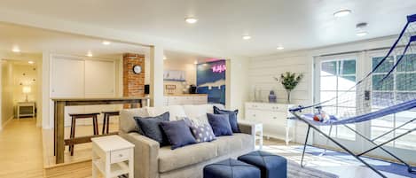 TV, fireplace, books