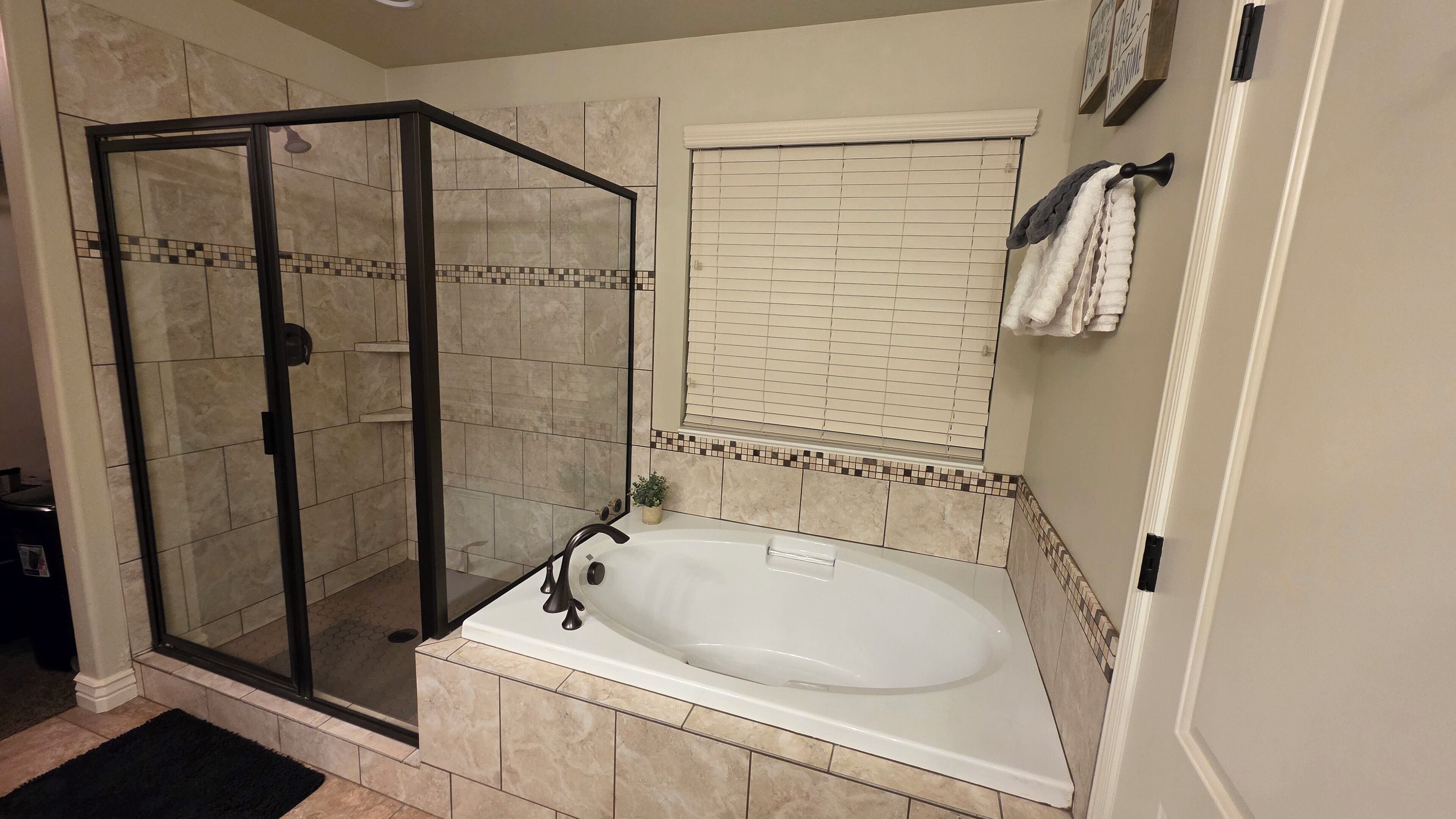 Hair dryer, bidet, towels, soap