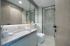 Shower, hair dryer, towels, soap