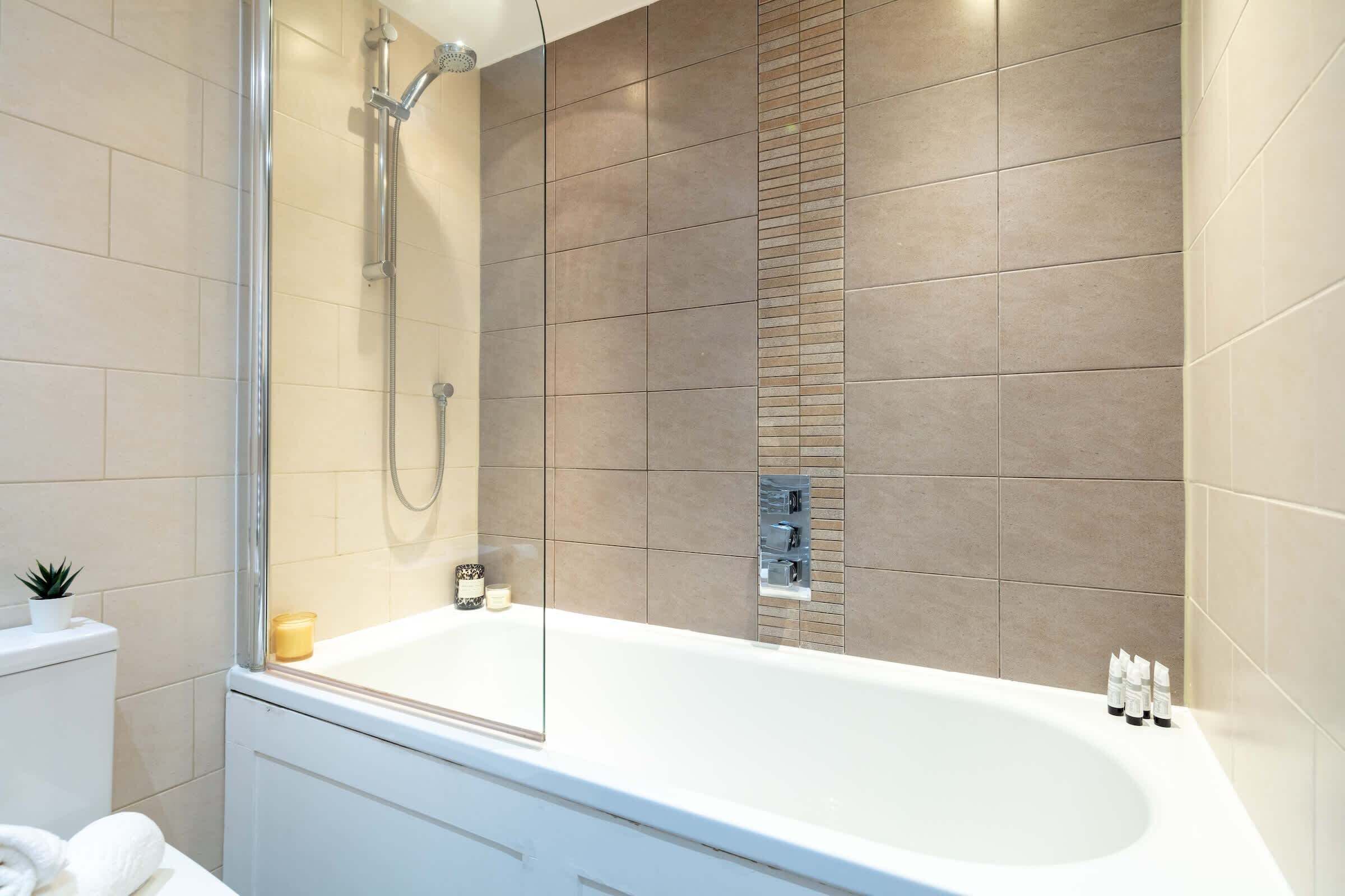 Hair dryer, towels, soap, shampoo