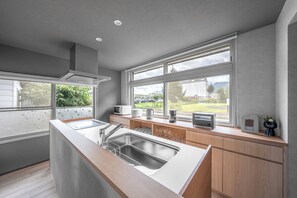 Fridge, microwave, stovetop