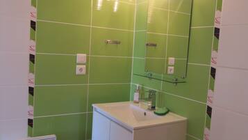 Hair dryer, towels, soap, toilet paper