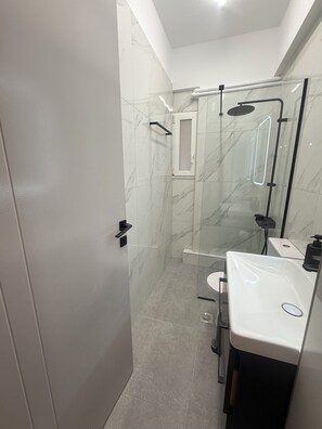 Hair dryer, towels, soap, toilet paper