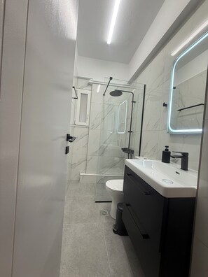 Hair dryer, towels, soap, toilet paper