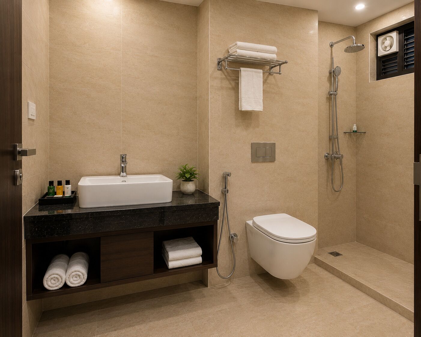 A modern bathroom with a sink, toilet, and shower.