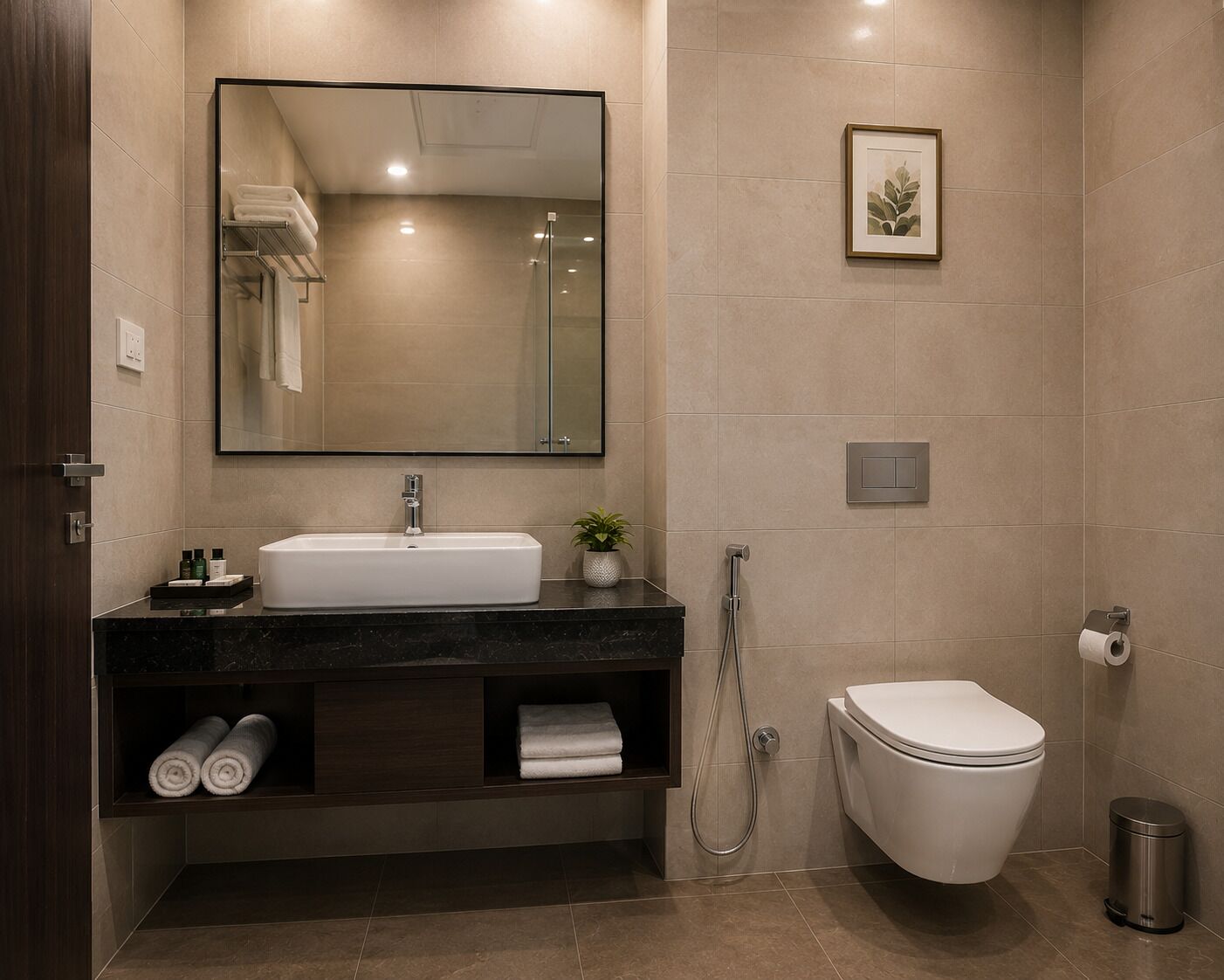Une salle de bain moderne équipée d’un lavabo, d’un miroir, de toilettes et d’une douche.