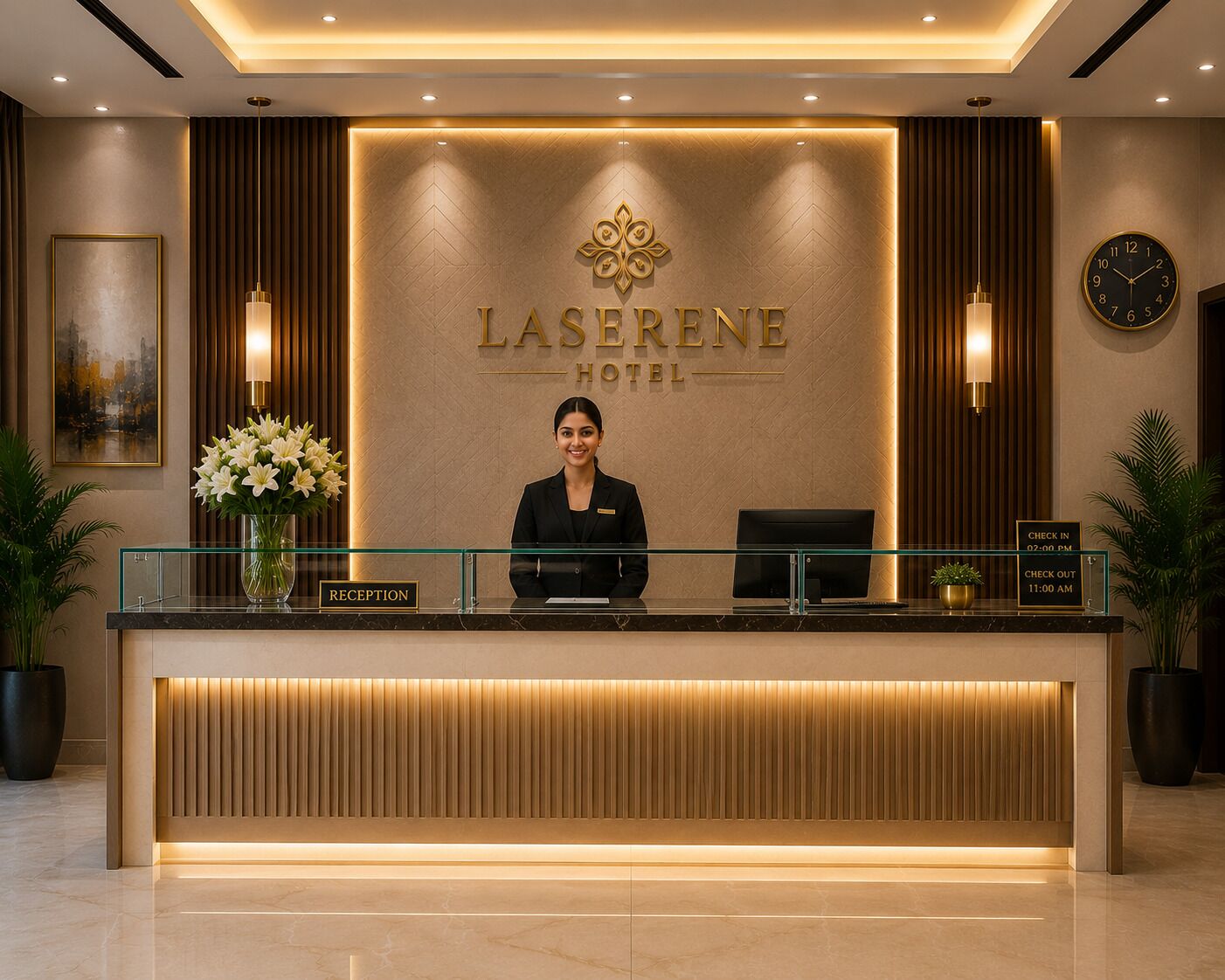 Un mostrador de recepción en el HOTEL LASERNE, con una recepcionista, un reloj y un cartel que indica los horarios de registro de entrada y salida.