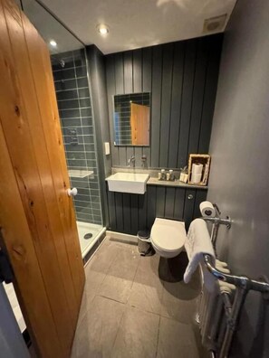 Combined shower/tub, free toiletries, hair dryer, towels
