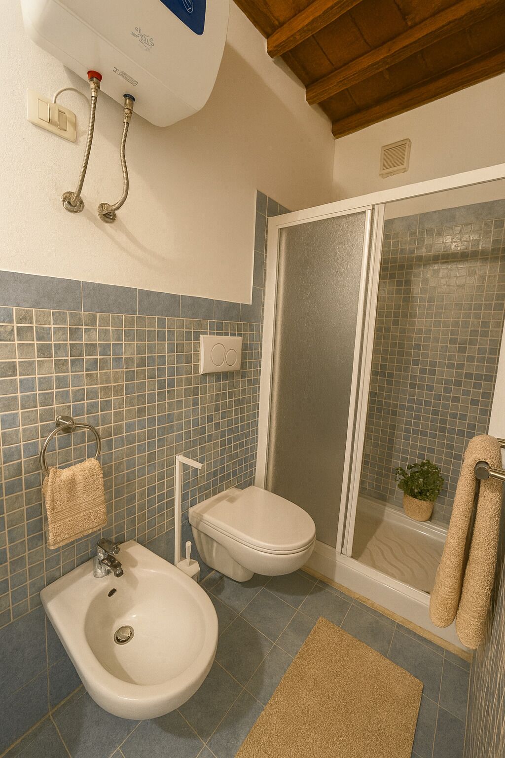 Un baño con bidé, inodoro y ducha.