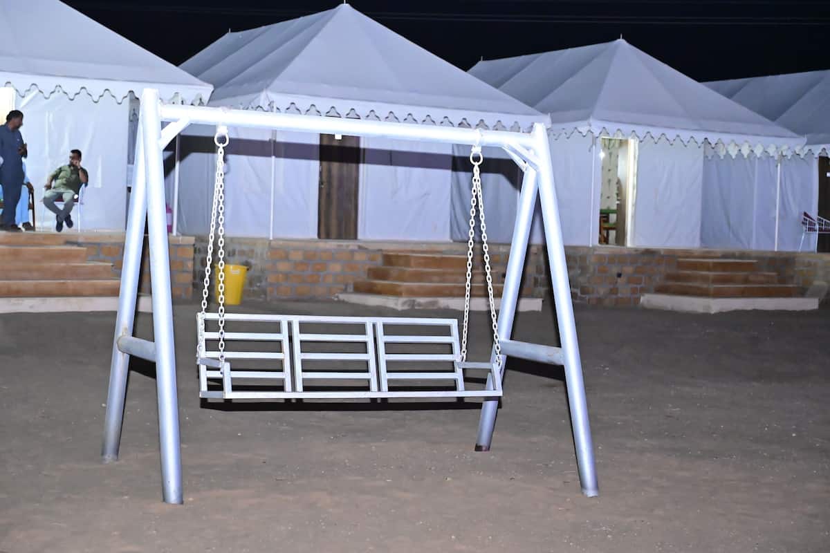 Un conjunto de columpios frente a una estructura cubierta de blanco.