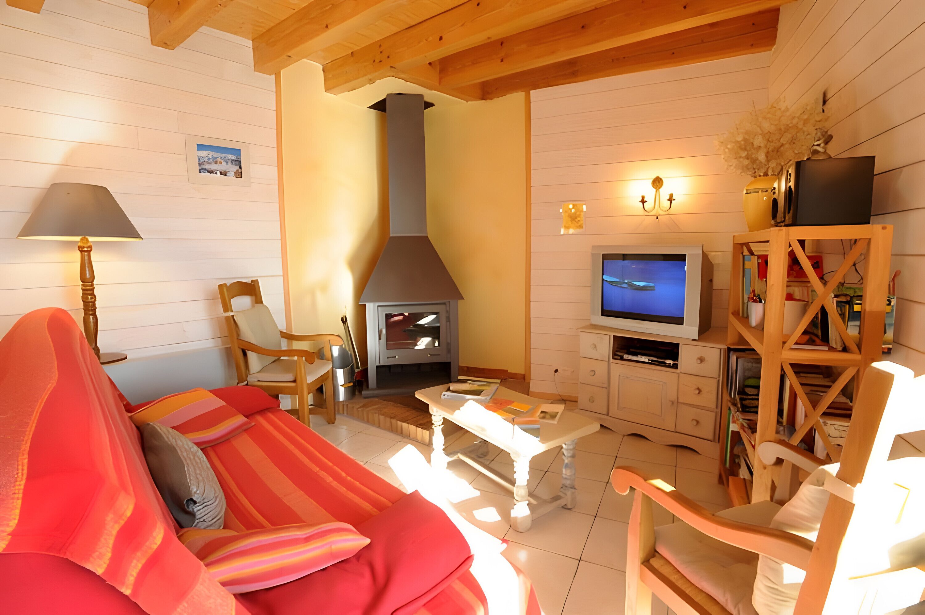 Televisión, chimenea, reproductor de DVD y estéreo 