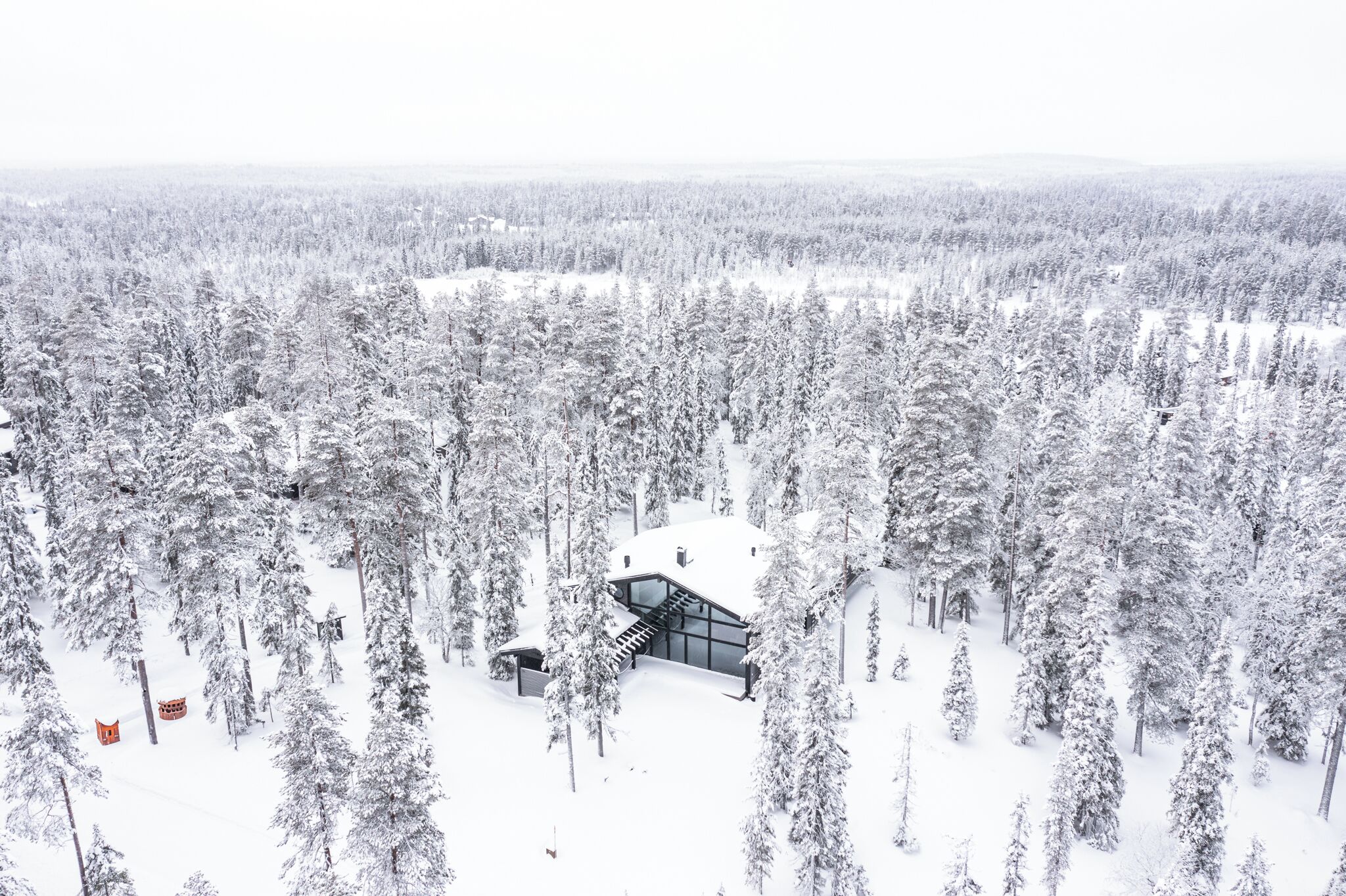Une maison moderne entourée d’une forêt dense, dotée d’une façade en verre et d’un escalier menant à l’entrée.