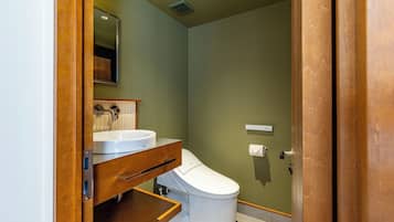 A bathroom with a white toilet, a wooden vanity, a mirror, and a wall-mounted toilet paper holder.