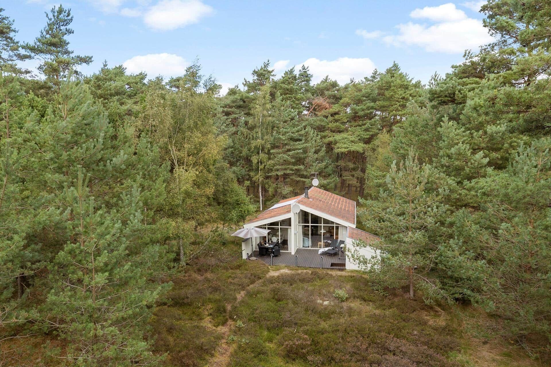 Eine Hütte, umgeben von dichtem Wald, mit blauem Himmel darüber.