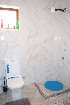 Douche, serviettes fournies, savon, papier toilette