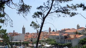 Eine Küstenstadt mit historischen Gebäuden, einem Yachthafen mit Booten und einem wolkenlosen Himmel.