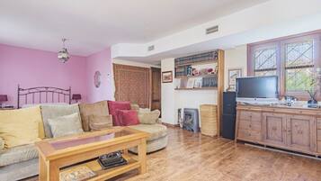 Een televisie en een open haard