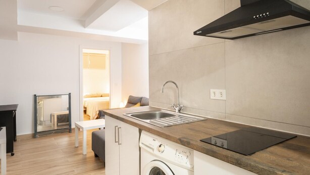 Een moderne keuken met een ingebouwde wasmachine, een spoelbak en een zwarte afzuigkap.