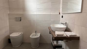 Hair dryer, towels, soap, shampoo