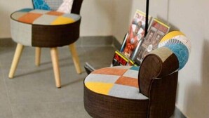 Two chairs with wooden legs and a patchwork seat design, placed on a tiled floor. - 4-Pop room (Dwelling 1848-Volta Mantovana) (Volta Mantovana)