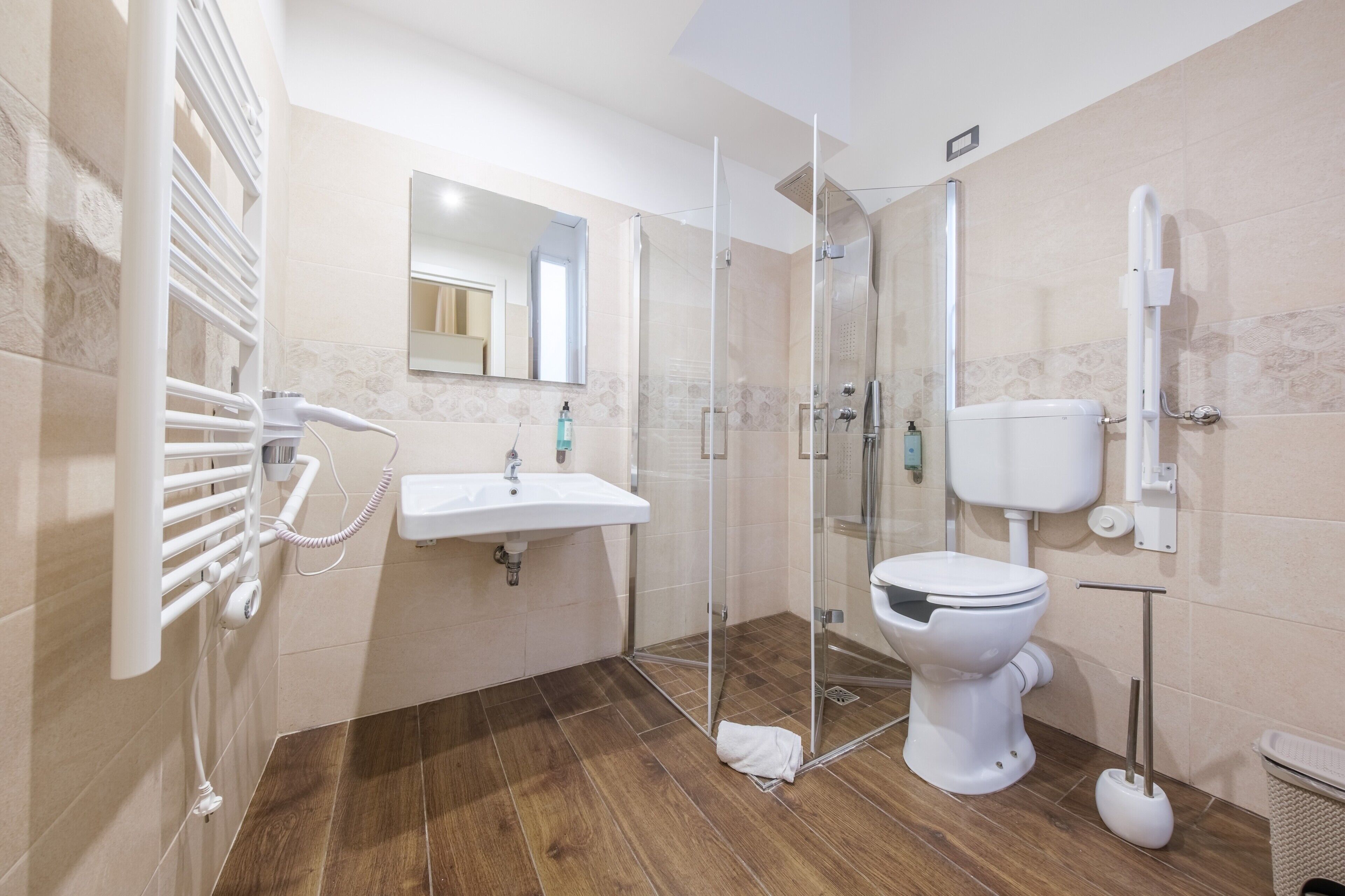 Shower, hair dryer, towels