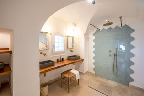 Shower, hair dryer, bidet, towels