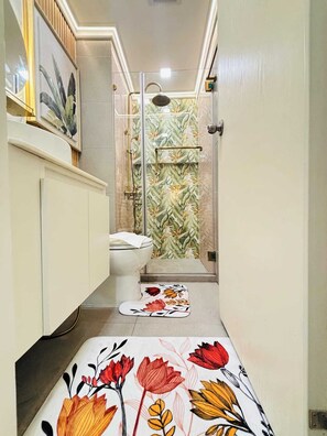 Shower, hair dryer, towels, soap