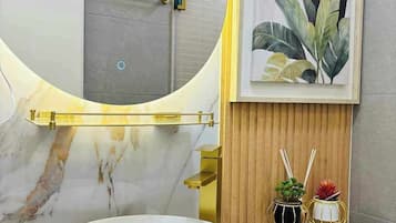 Regadera, secadora de cabello, toallas, jabón