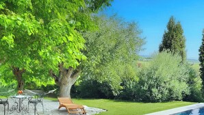 Un jardin avec une piscine, un espace salon extérieur et un hamac.