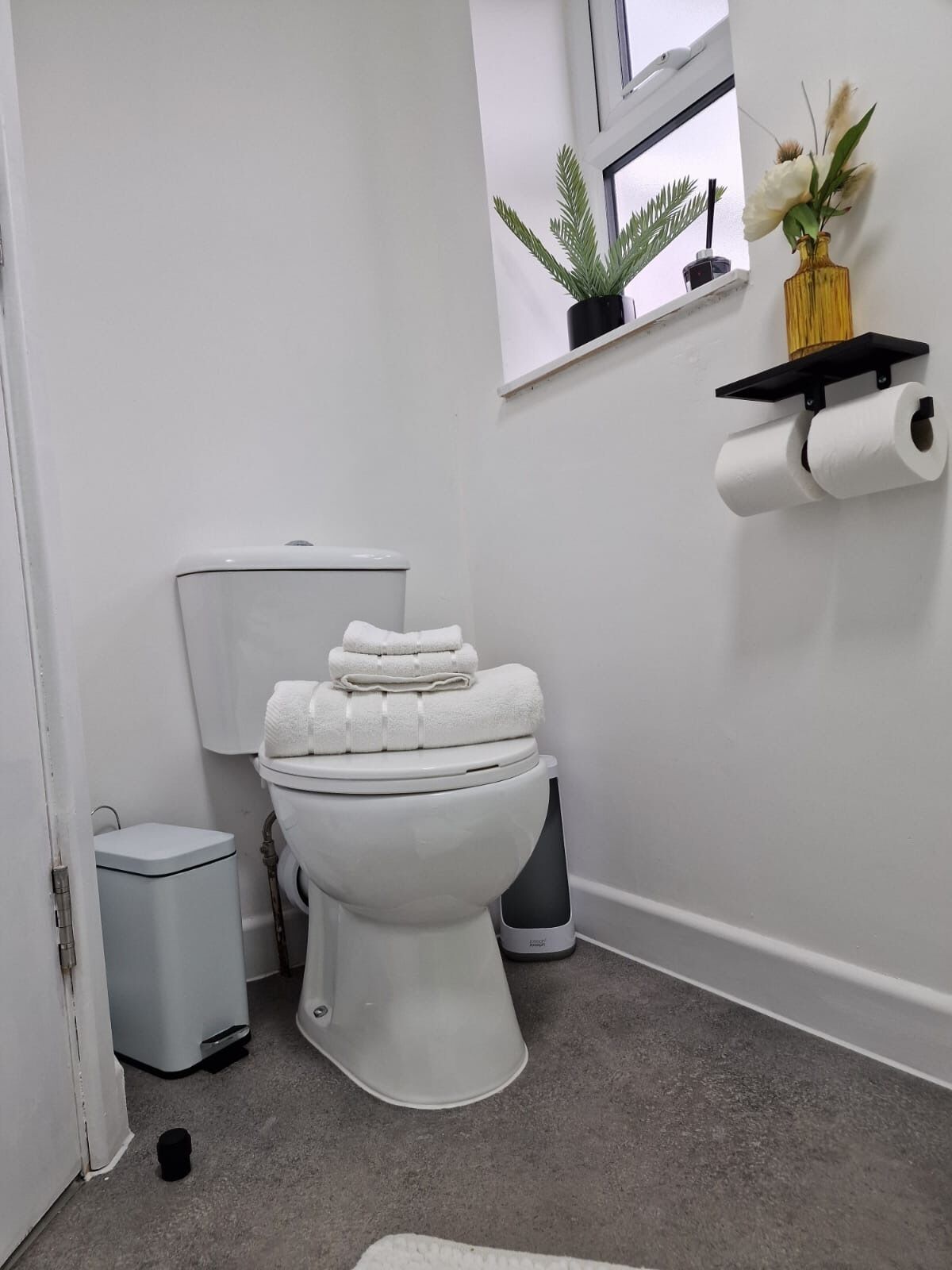 A modern bathroom with a toilet, a trash bin, a small window with a plant, and a toilet paper holder.