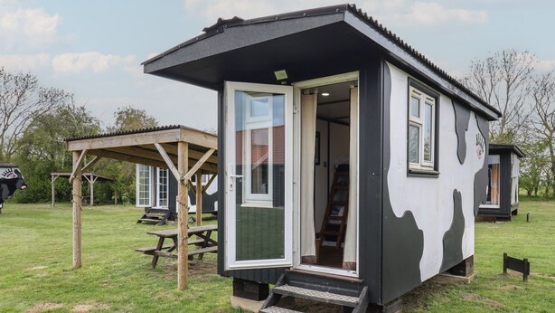 A small, single-story cabin with a door open, revealing a staircase inside. - Molly (Woodbridge)