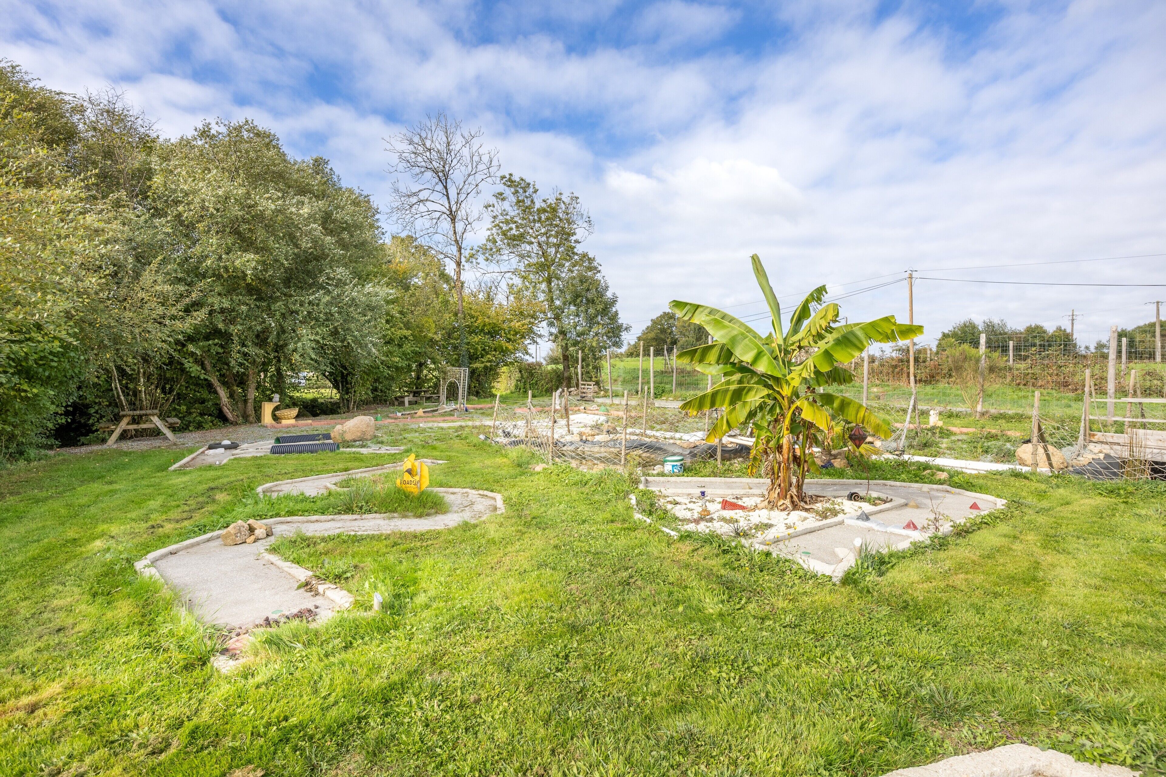 A grassy area with a concrete path, a banana tree, and a fenced area with construction materials.