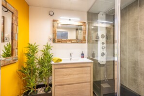 Shower, hair dryer, towels