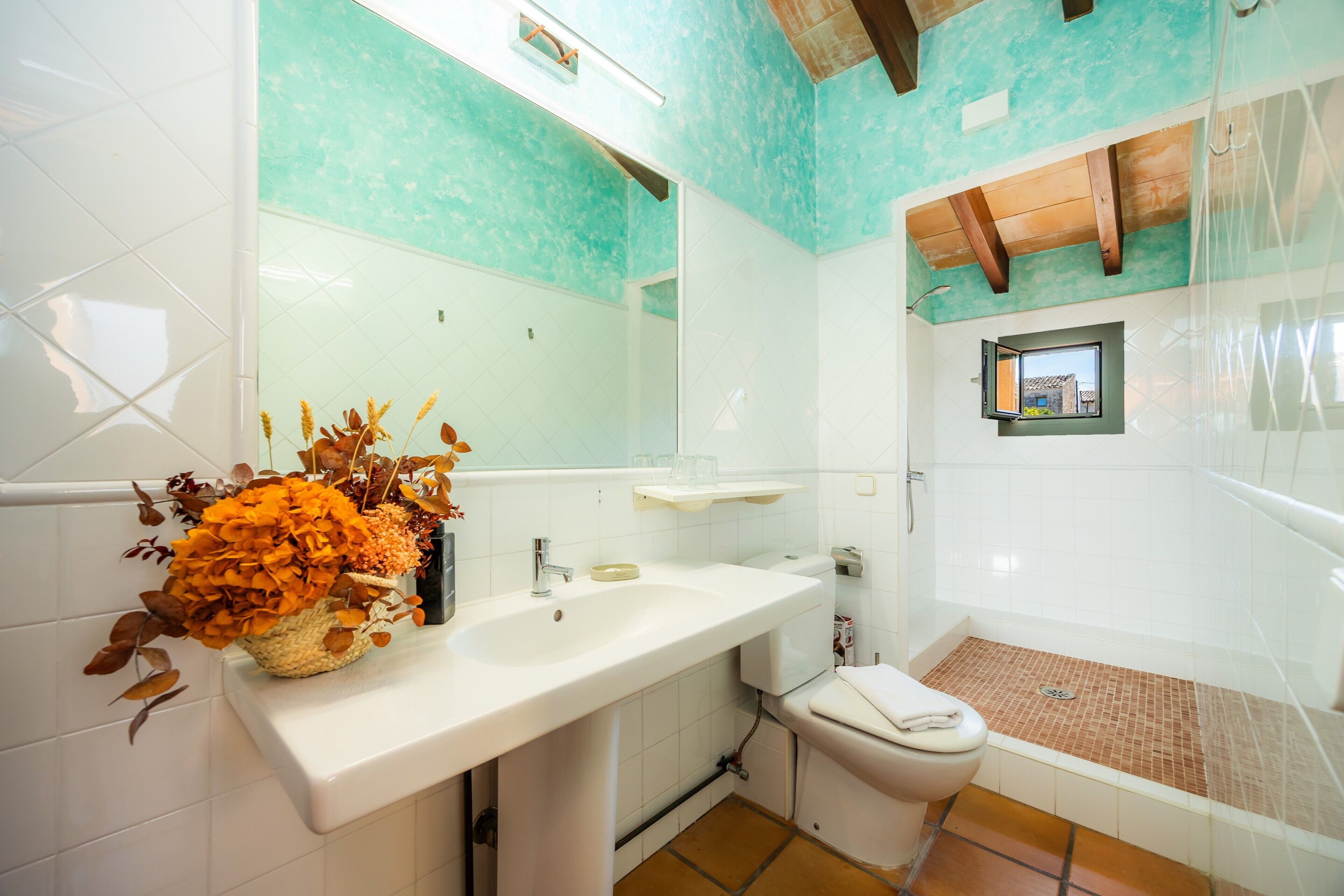 Une salle de bain avec un lavabo blanc, des toilettes et un espace douche.