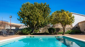 Ein klares Schwimmbecken mit einer Steinmauer und einem großen Baum im Hintergrund.