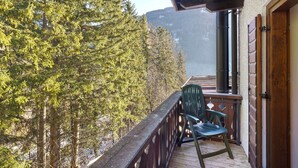 Une terrasse en bois avec une chaise, donnant sur une zone boisée et des montagnes.