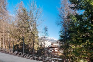 A mountainous landscape with a wooden bridge, trees, and buildings with a mountain in the background.