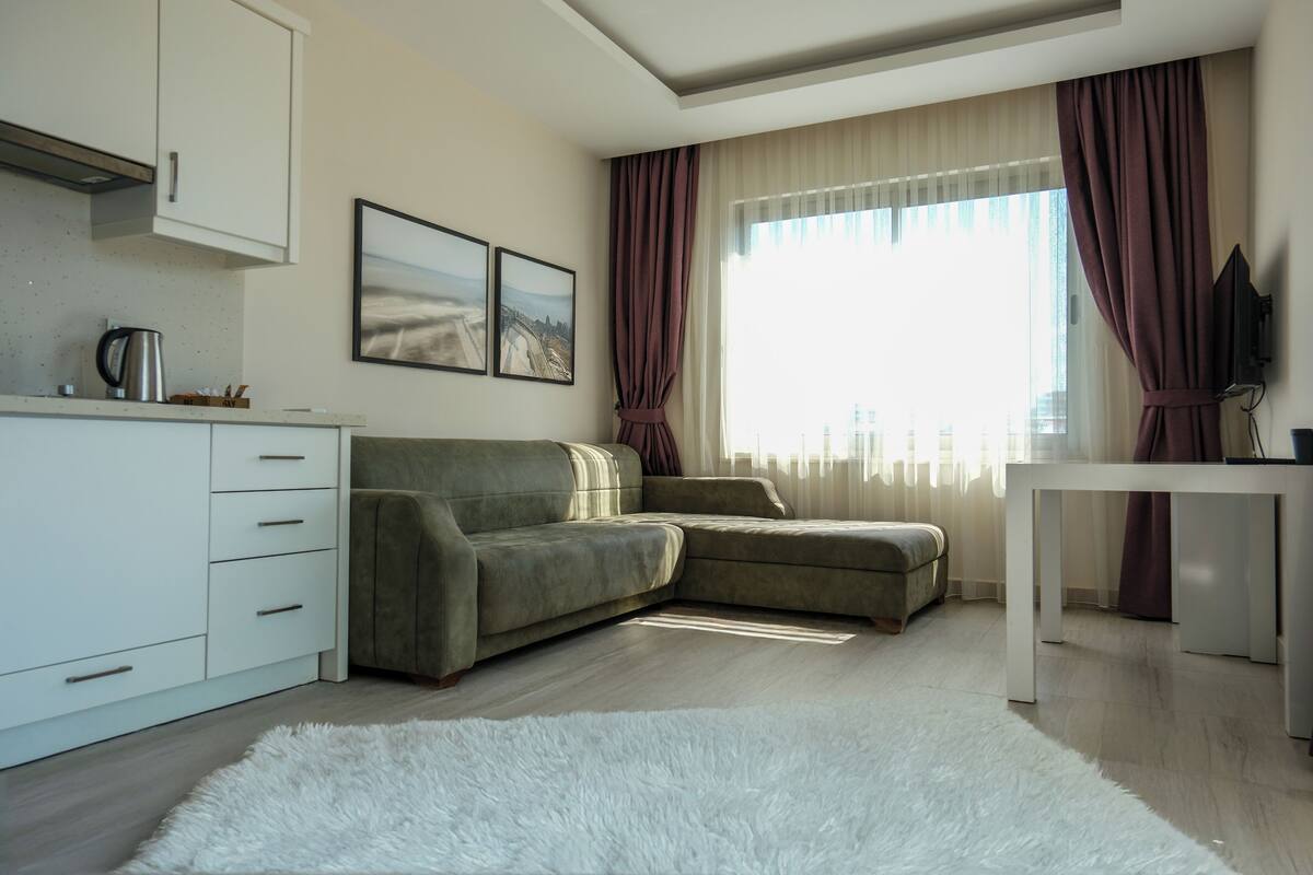 A modern living room with a sofa, a coffee table, and a flat-screen TV.
