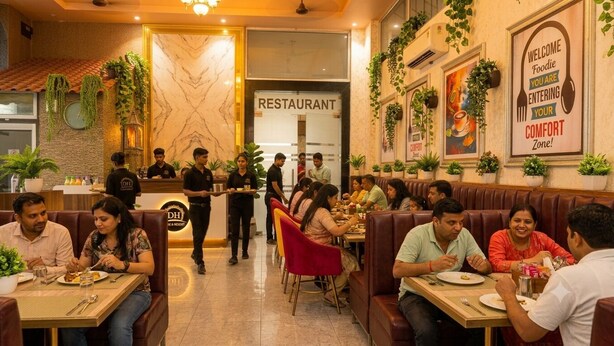 A restaurant interior with dining tables, chairs, and patrons. - Dream House Club And Resort (Gonda)