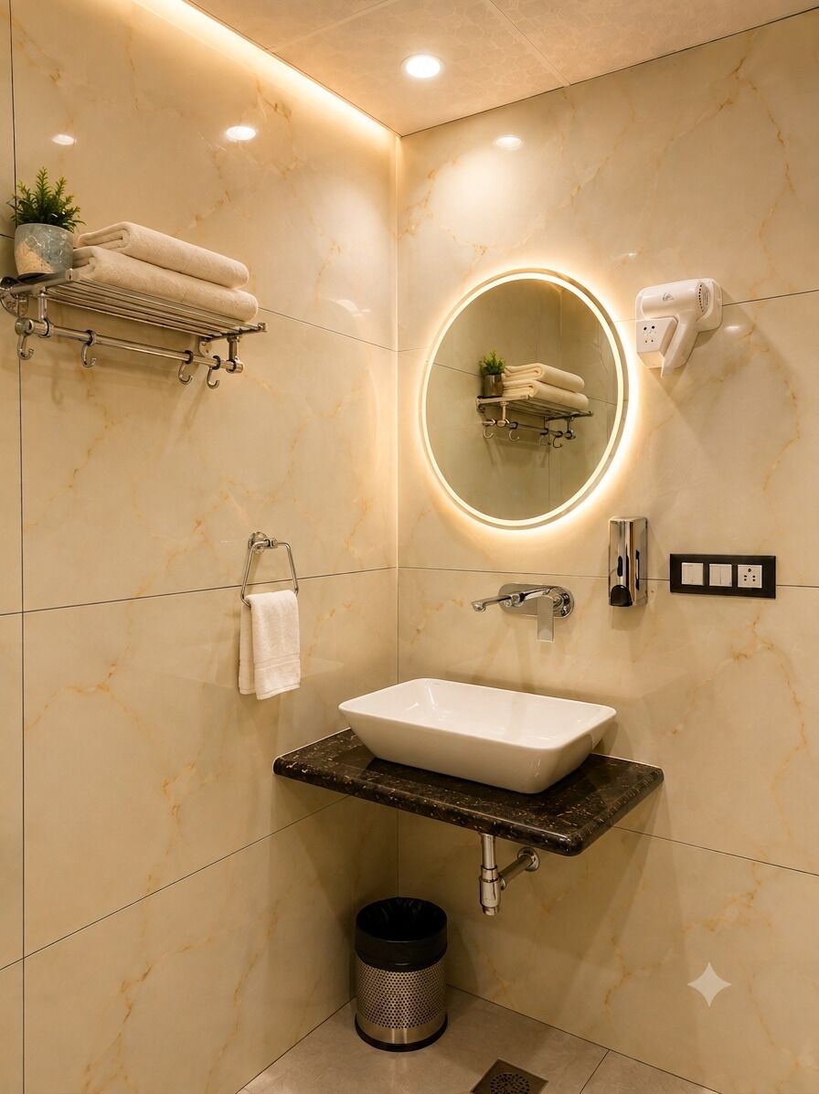 A modern bathroom with a large mirror, a sink, towel racks, and a trash can.